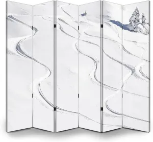 Wood Screen Room Divider Ski Tracks Powder Snow Folding Screen Canvas Privacy Partition Panels Dual-Sided Wall Divider Indoor Display Shelves 6 Panels