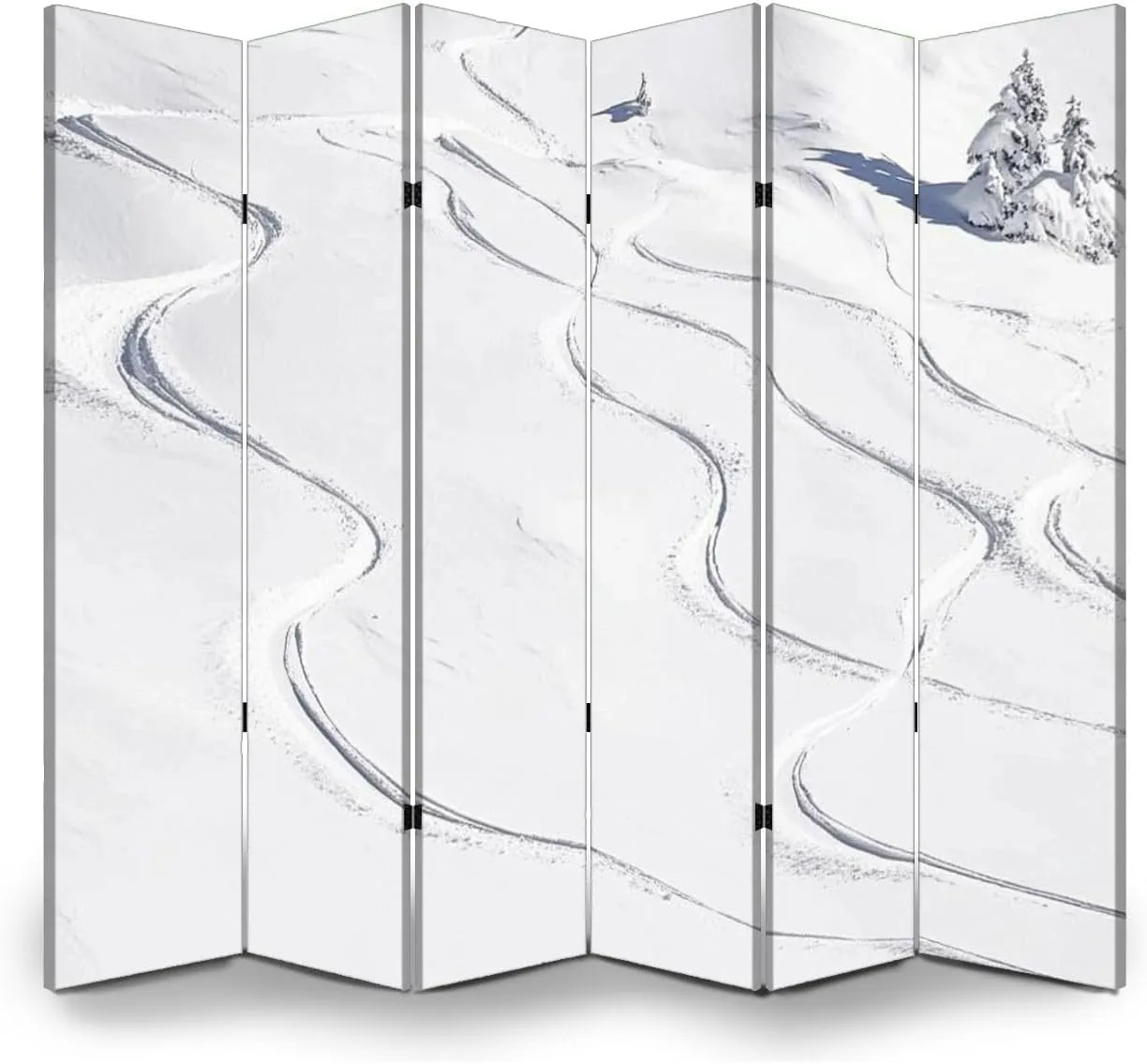 Wood Screen Room Divider Ski Tracks Powder Snow Folding Screen Canvas Privacy Partition Panels Dual-Sided Wall Divider Indoor Display Shelves 6 Panels