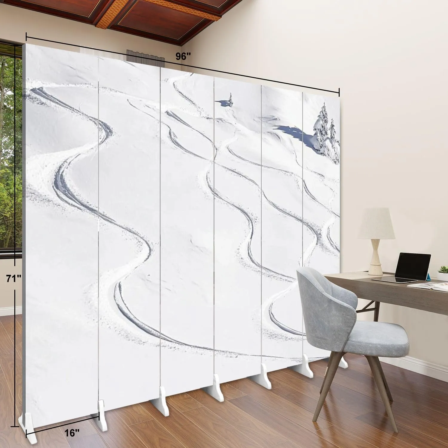 Wood Screen Room Divider Ski Tracks Powder Snow Folding Screen Canvas Privacy Partition Panels Dual-Sided Wall Divider Indoor Display Shelves 6 Panels