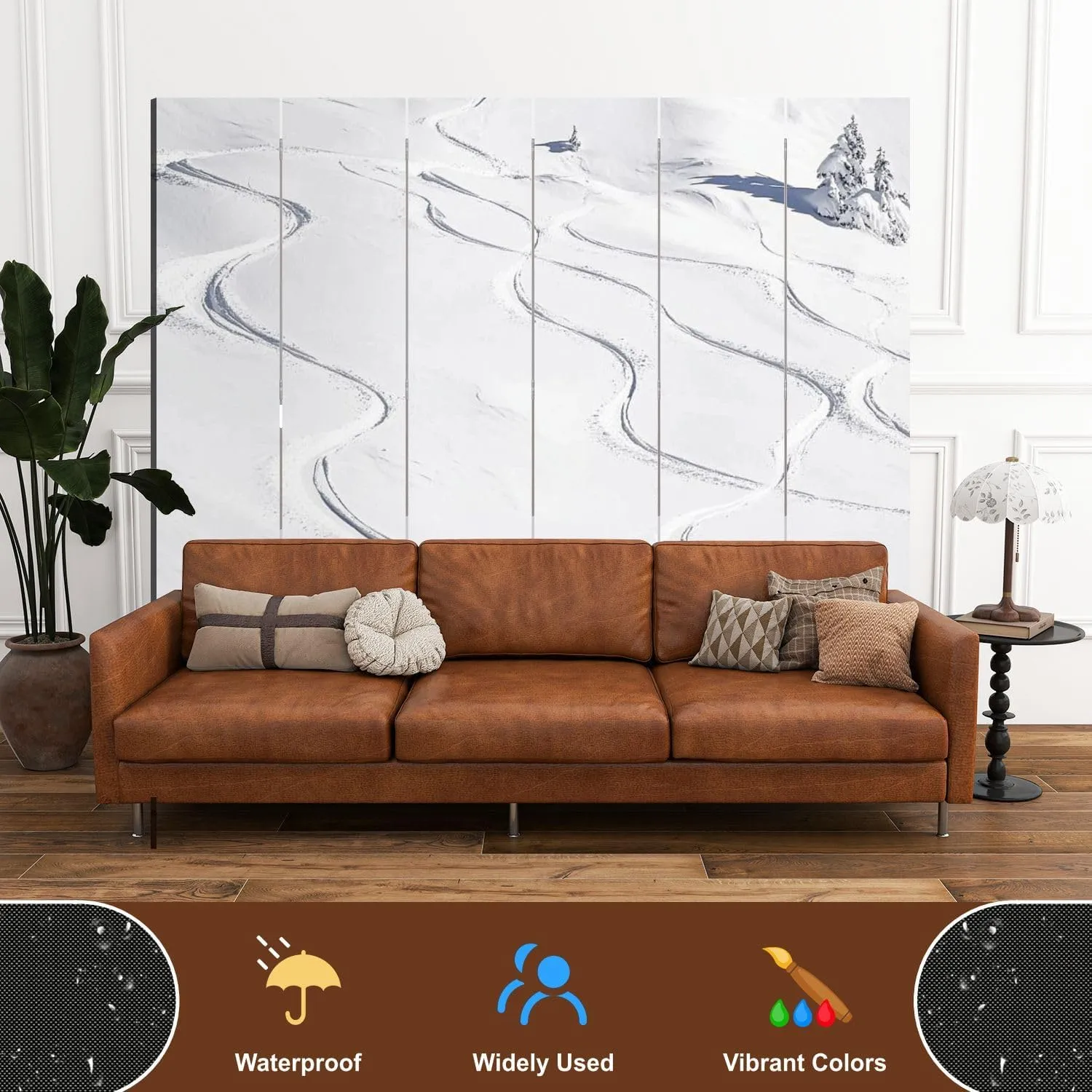 Wood Screen Room Divider Ski Tracks Powder Snow Folding Screen Canvas Privacy Partition Panels Dual-Sided Wall Divider Indoor Display Shelves 6 Panels