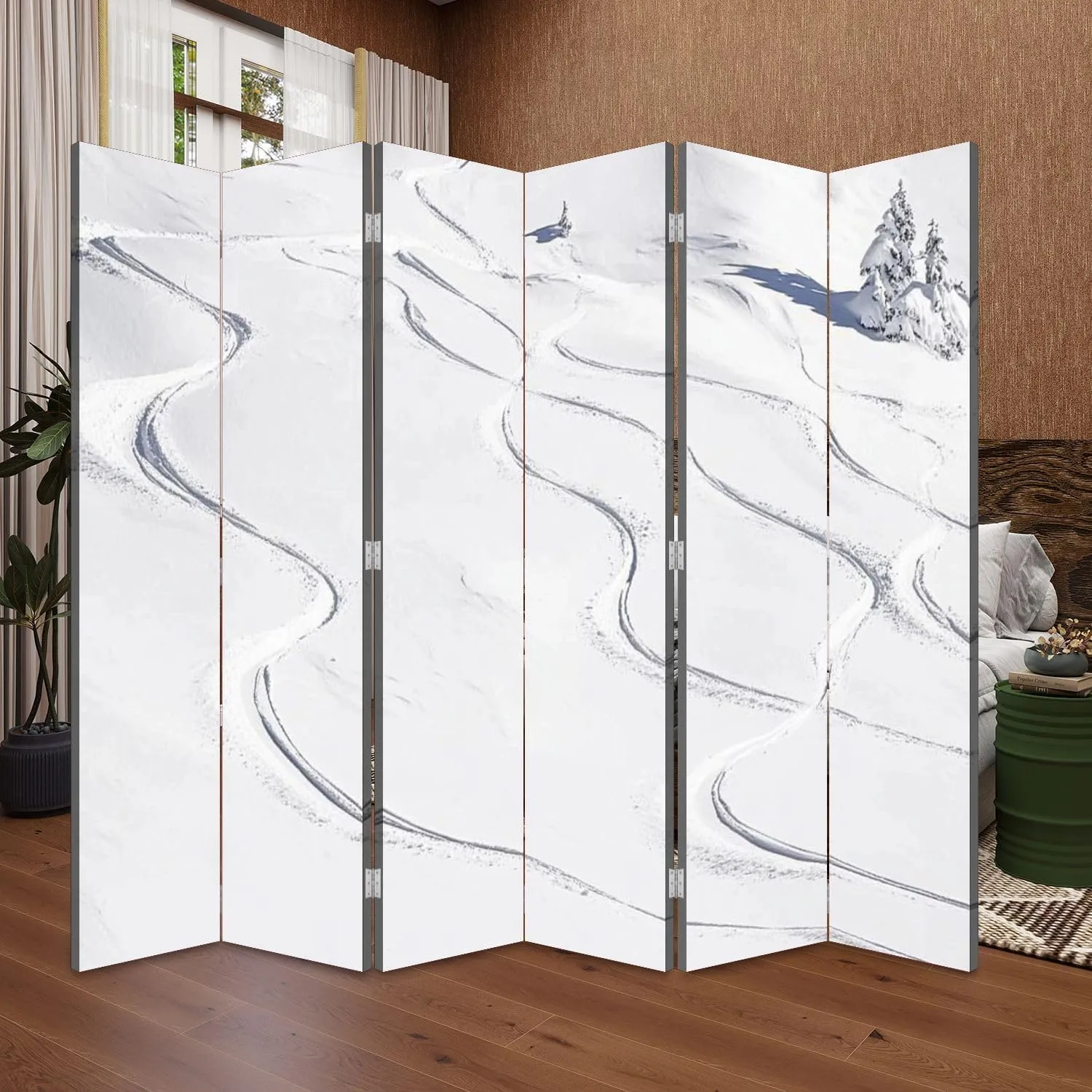 Wood Screen Room Divider Ski Tracks Powder Snow Folding Screen Canvas Privacy Partition Panels Dual-Sided Wall Divider Indoor Display Shelves 6 Panels