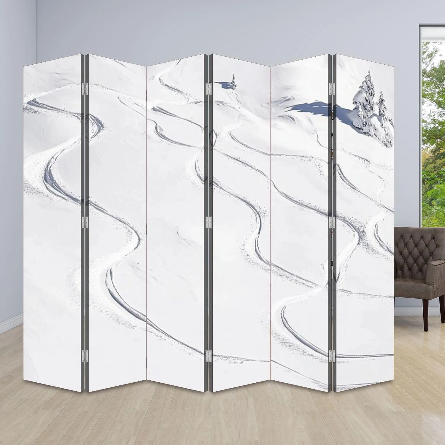 Wood Screen Room Divider Ski Tracks Powder Snow Folding Screen Canvas Privacy Partition Panels Dual-Sided Wall Divider Indoor Display Shelves 6 Panels