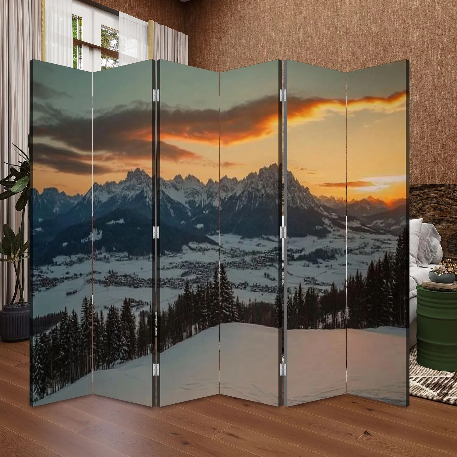 Wood Screen Room Divider Sunrise Idyllic Alpine Scenery Wilder Kaiser Austria Tirol Kaiser Folding Screen Canvas Privacy Partition Panels Dual-Sided Wall Divider Indoor Display Shelves 6 Panels