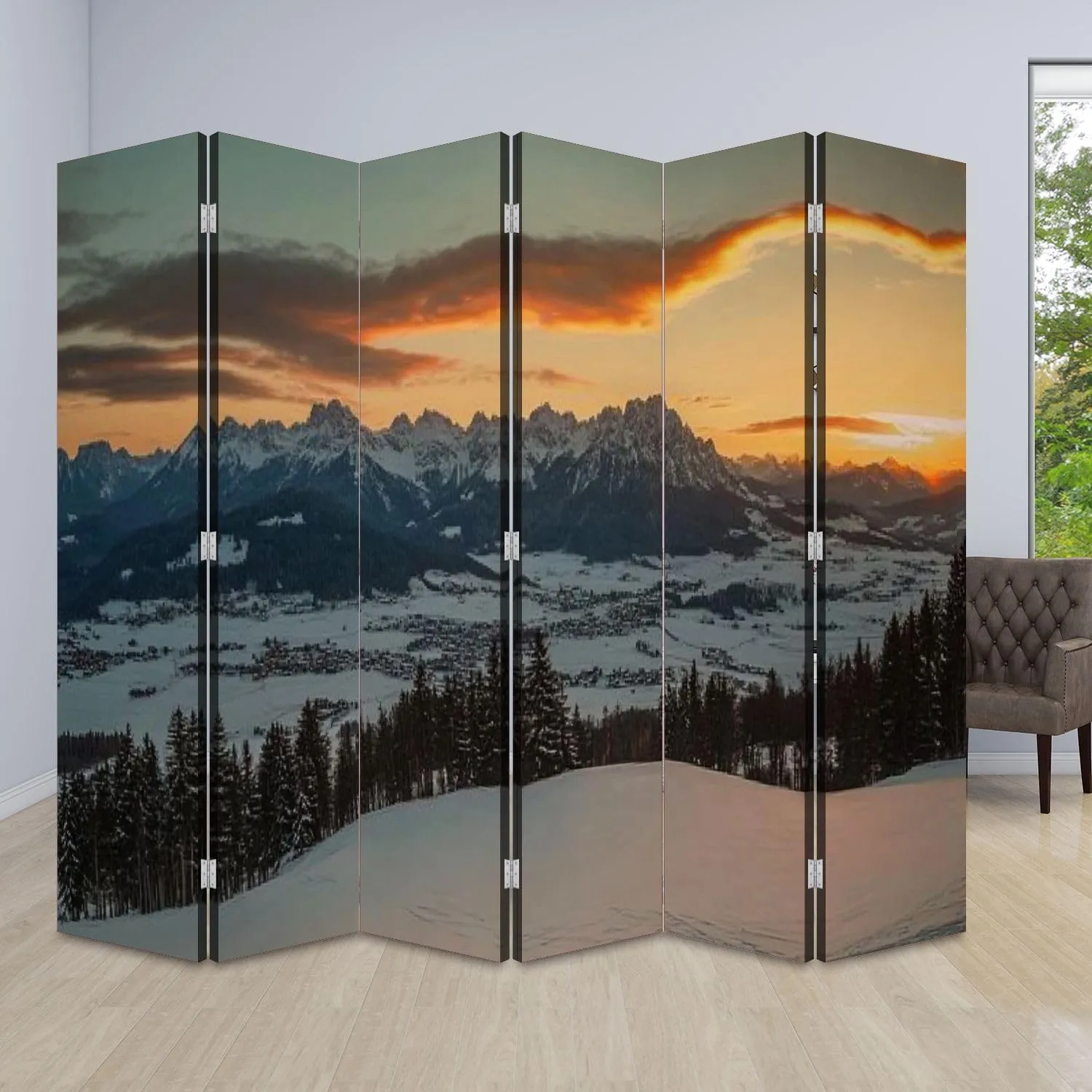 Wood Screen Room Divider Sunrise Idyllic Alpine Scenery Wilder Kaiser Austria Tirol Kaiser Folding Screen Canvas Privacy Partition Panels Dual-Sided Wall Divider Indoor Display Shelves 6 Panels