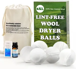 Wool Dryer Balls - Lint-Free - 6XL Pack - 1000  Loads - Premium Natural Fabric Softener - Reduces Drying Time & Static - Includes Essential Oil - with Storage Bag