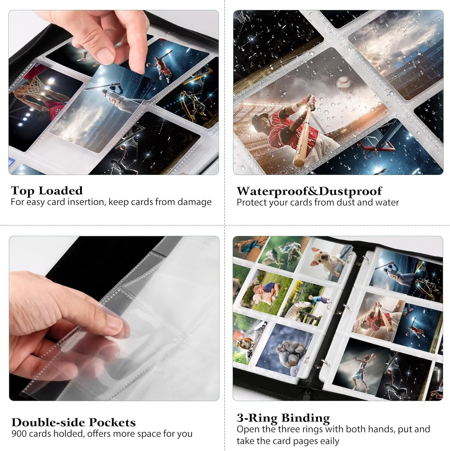 WOT I Trading Card Binder, 900 Pockets Collection Card Binder Sleeves with Polyester Fabric Cover&Zipper - Dark Blue