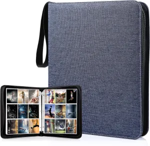 WOT I Trading Card Binder, 900 Pockets Collection Card Binder Sleeves with Polyester Fabric Cover&Zipper - Dark Blue