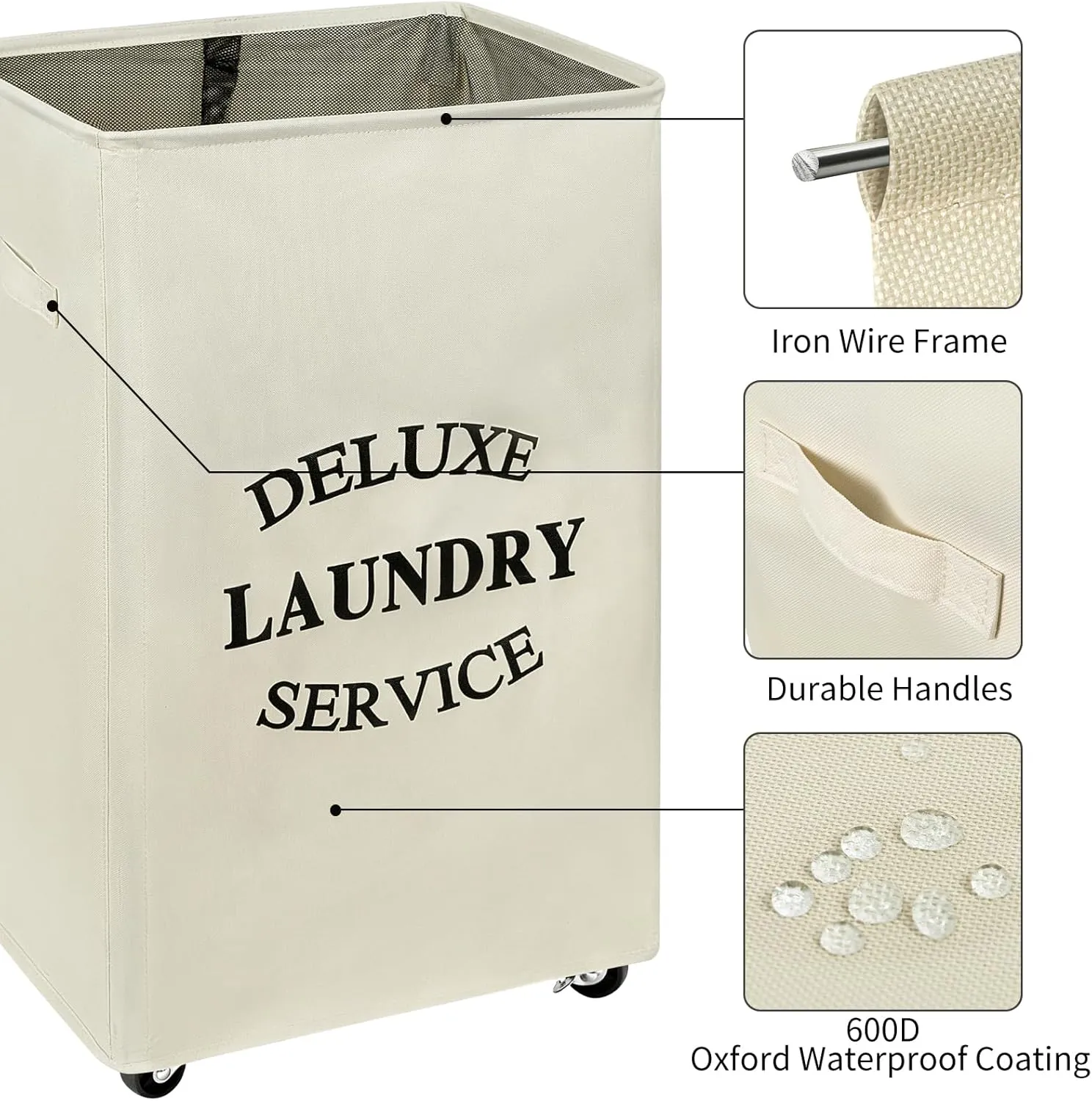 WOWLIVE Large Rolling Laundry Basket Wheels 90L Collapsible Tall Laundry Hamper Handle Foldable Dirty Clothing Basket Fold up Rectangular Hampers for Laundry Dorm Room (Beige)
