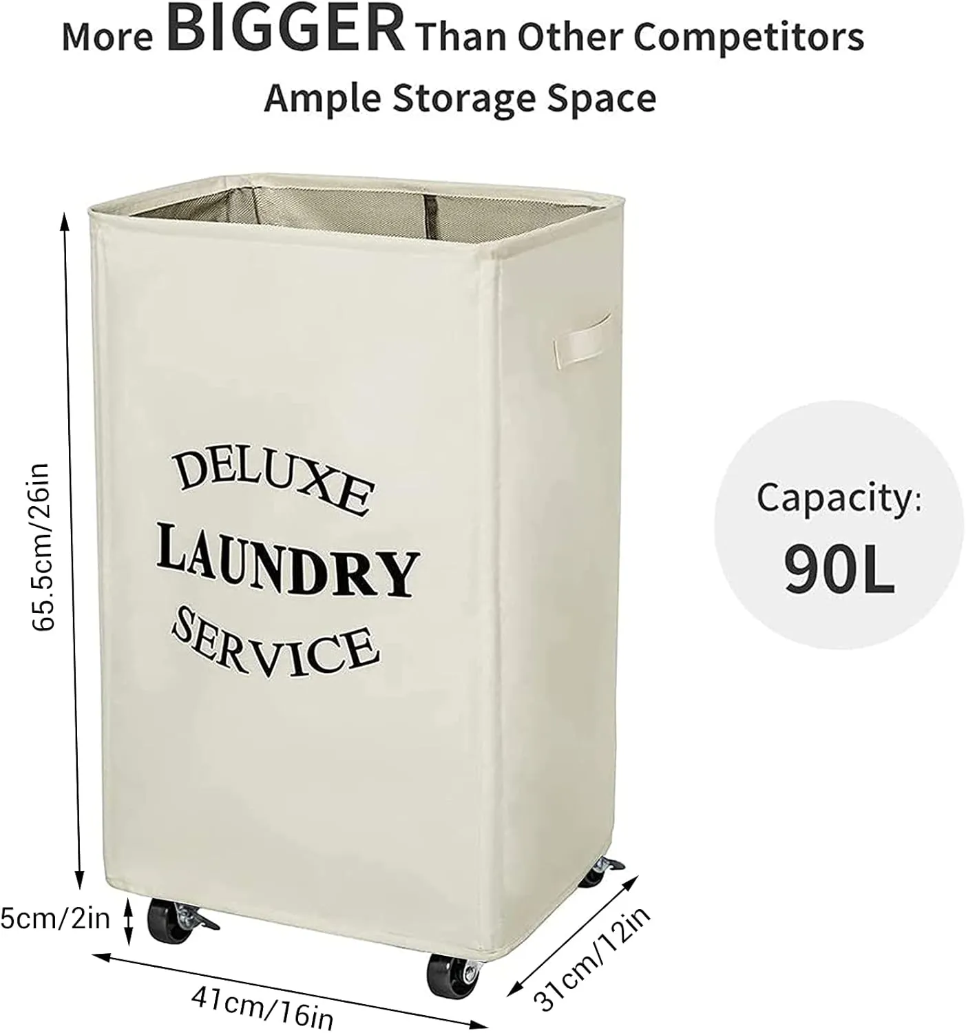 WOWLIVE Large Rolling Laundry Basket Wheels 90L Collapsible Tall Laundry Hamper Handle Foldable Dirty Clothing Basket Fold up Rectangular Hampers for Laundry Dorm Room (Beige)
