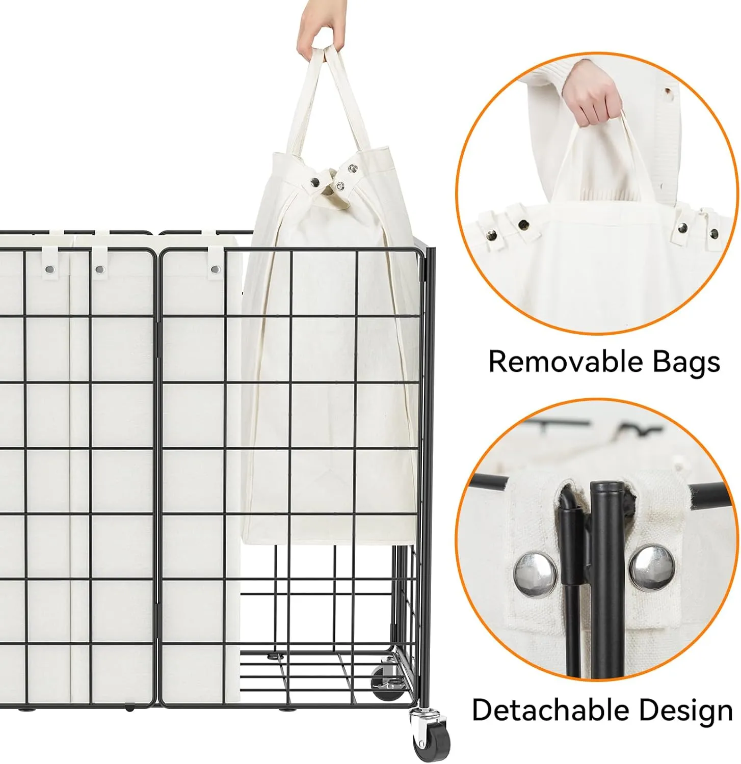 WOWLIVE Laundry Hamper with Wheels,Metal Wire Frame Rolling Laundry Basket 3 Section with Removable bags,150L Dirty Clothes Hamper Organizer Dorm Room Storage for Bedroom,Bathroom,Black and White