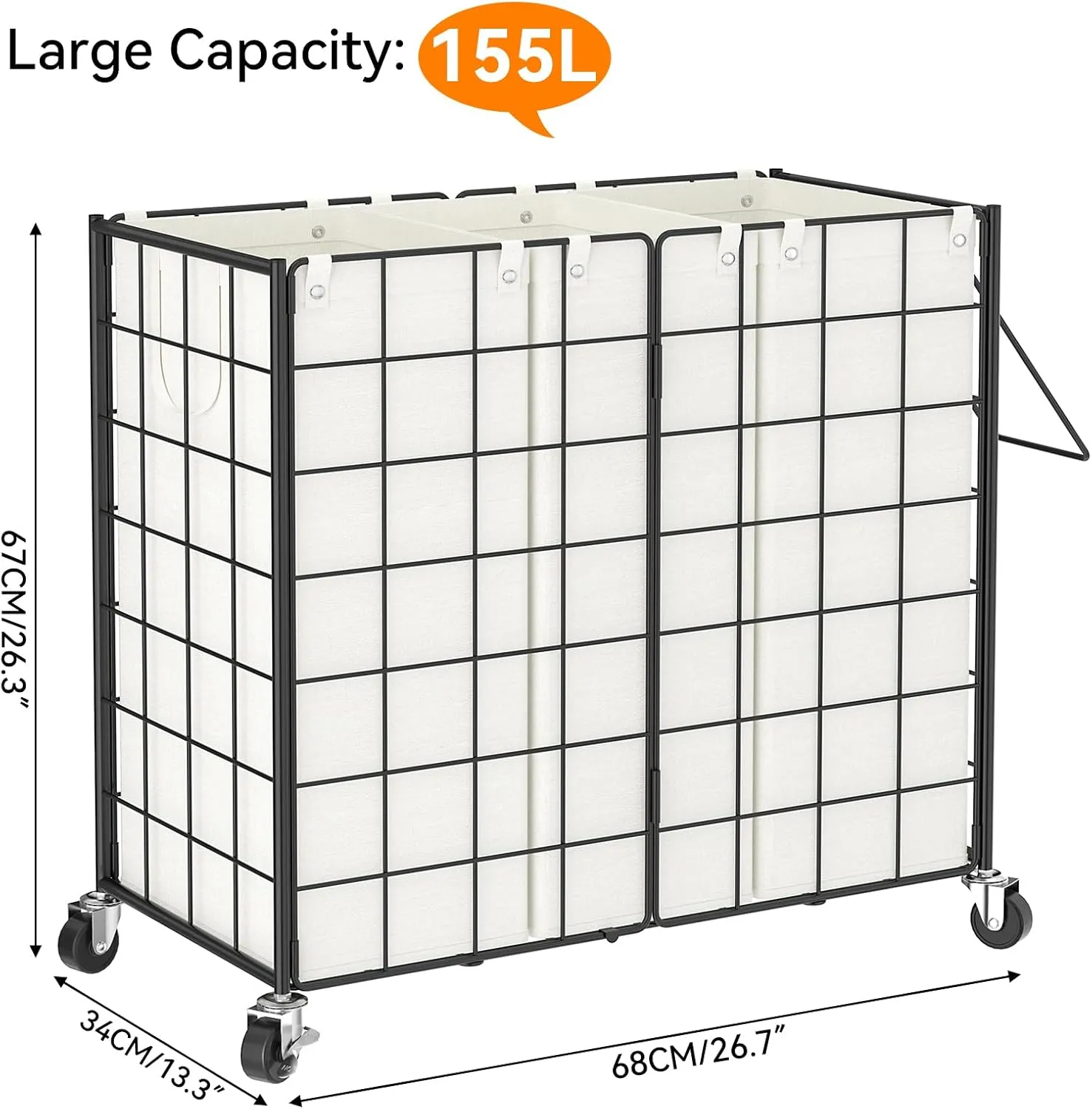 WOWLIVE Laundry Hamper with Wheels,Metal Wire Frame Rolling Laundry Basket 3 Section with Removable bags,150L Dirty Clothes Hamper Organizer Dorm Room Storage for Bedroom,Bathroom,Black and White