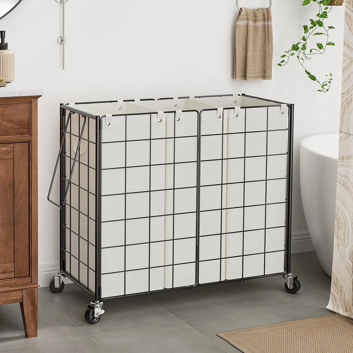 WOWLIVE Laundry Hamper with Wheels,Metal Wire Frame Rolling Laundry Basket 3 Section with Removable bags,150L Dirty Clothes Hamper Organizer Dorm Room Storage for Bedroom,Bathroom,Black and White