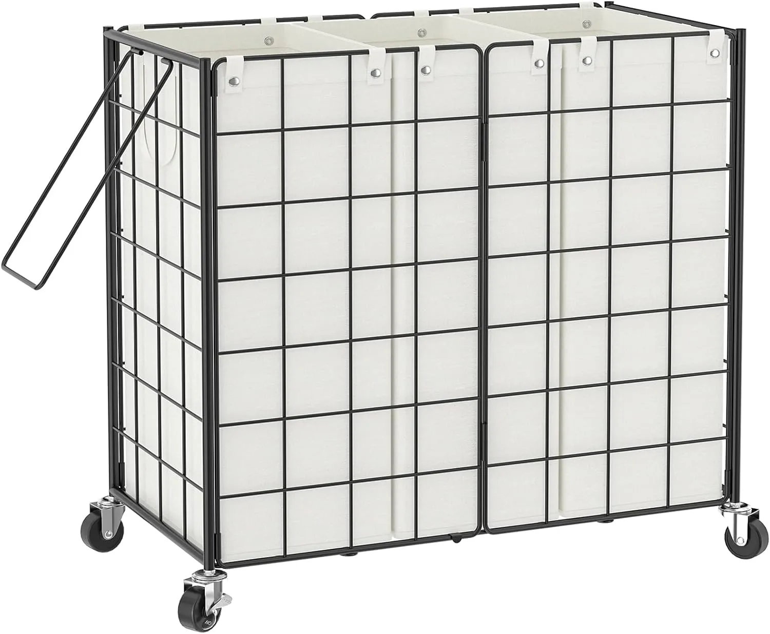 WOWLIVE Laundry Hamper with Wheels,Metal Wire Frame Rolling Laundry Basket 3 Section with Removable bags,150L Dirty Clothes Hamper Organizer Dorm Room Storage for Bedroom,Bathroom,Black and White