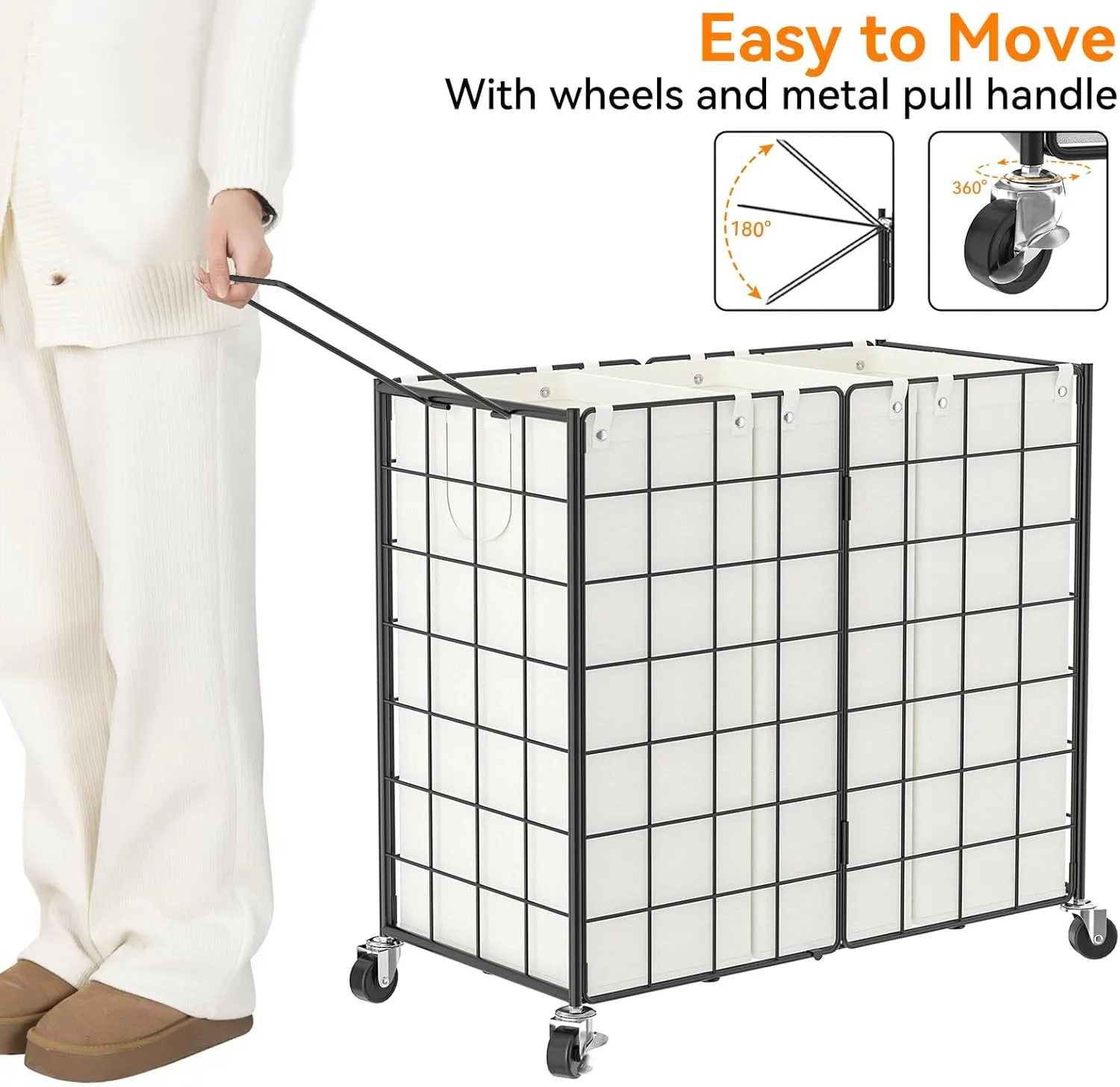 WOWLIVE Laundry Hamper with Wheels,Metal Wire Frame Rolling Laundry Basket 3 Section with Removable bags,150L Dirty Clothes Hamper Organizer Dorm Room Storage for Bedroom,Bathroom,Black and White
