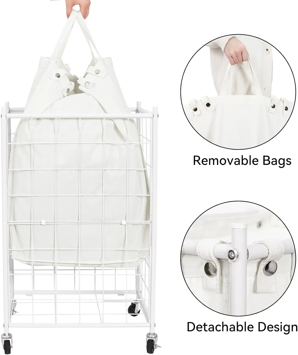 WOWLIVE Laundry Hamper with Wheels,Metal Wire Frame Rolling Laundry Basket with Removable bag,100L Dirty Clothes Hamper Organizer Dorm Room Storage for Bedroom,Bathroom,White
