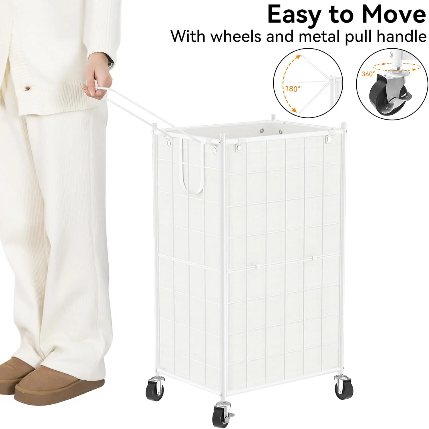 WOWLIVE Laundry Hamper with Wheels,Metal Wire Frame Rolling Laundry Basket with Removable bag,100L Dirty Clothes Hamper Organizer Dorm Room Storage for Bedroom,Bathroom,White