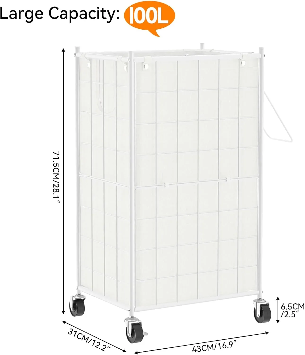 WOWLIVE Laundry Hamper with Wheels,Metal Wire Frame Rolling Laundry Basket with Removable bag,100L Dirty Clothes Hamper Organizer Dorm Room Storage for Bedroom,Bathroom,White