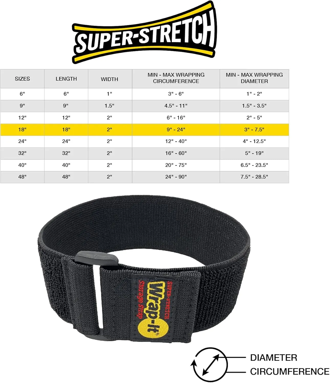 Wrap-It Storage - Super-Stretch, 18" (6 Pack) - Elastic Hook and Loop Cinch Straps - Extension Cord Organizer, Hose and Cables Straps, Cord Wrap