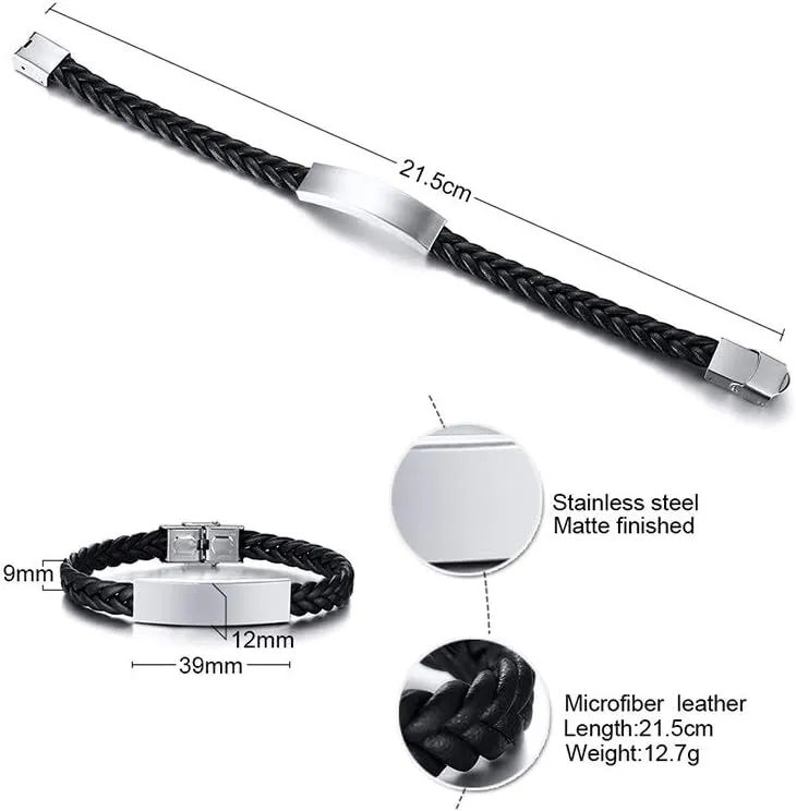 XUANPAI Christmas Gifts Personalized Black Stainless Steel ID Message Braided Leather Bracelets Jewelry for him,Custom Men Bracelet
