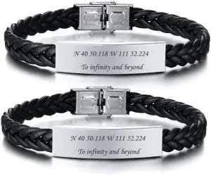 XUANPAI Christmas Gifts Personalized Black Stainless Steel ID Message Braided Leather Bracelets Jewelry for him,Custom Men Bracelet