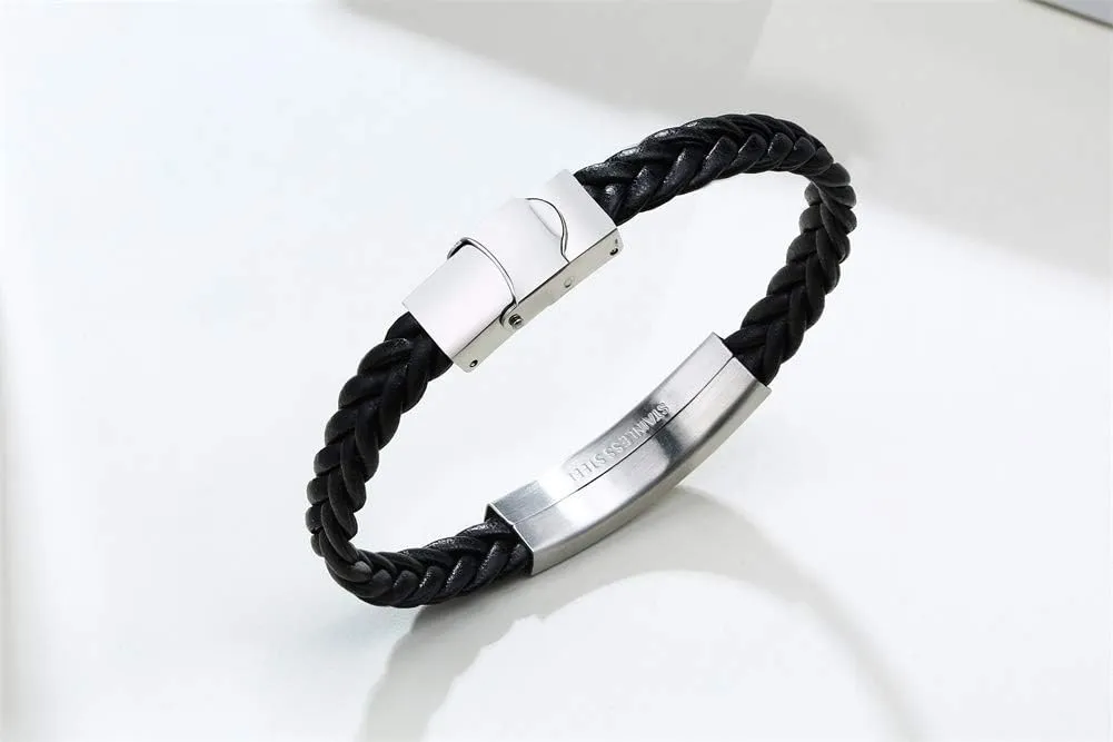 XUANPAI Christmas Gifts Personalized Black Stainless Steel ID Message Braided Leather Bracelets Jewelry for him,Custom Men Bracelet