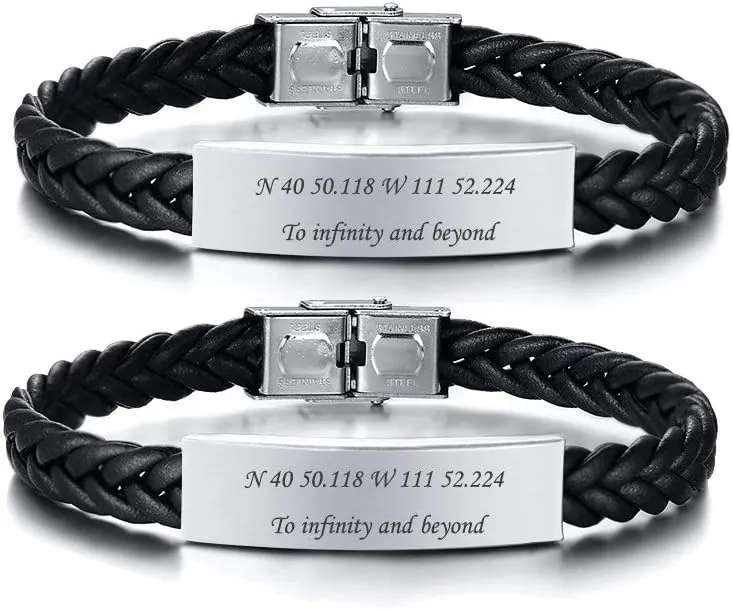 XUANPAI Christmas Gifts Personalized Black Stainless Steel ID Message Braided Leather Bracelets Jewelry for him,Custom Men Bracelet