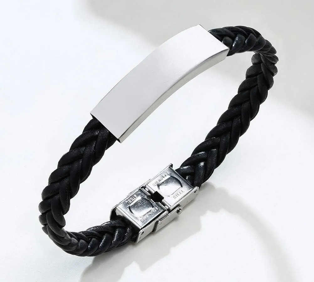 XUANPAI Christmas Gifts Personalized Black Stainless Steel ID Message Braided Leather Bracelets Jewelry for him,Custom Men Bracelet
