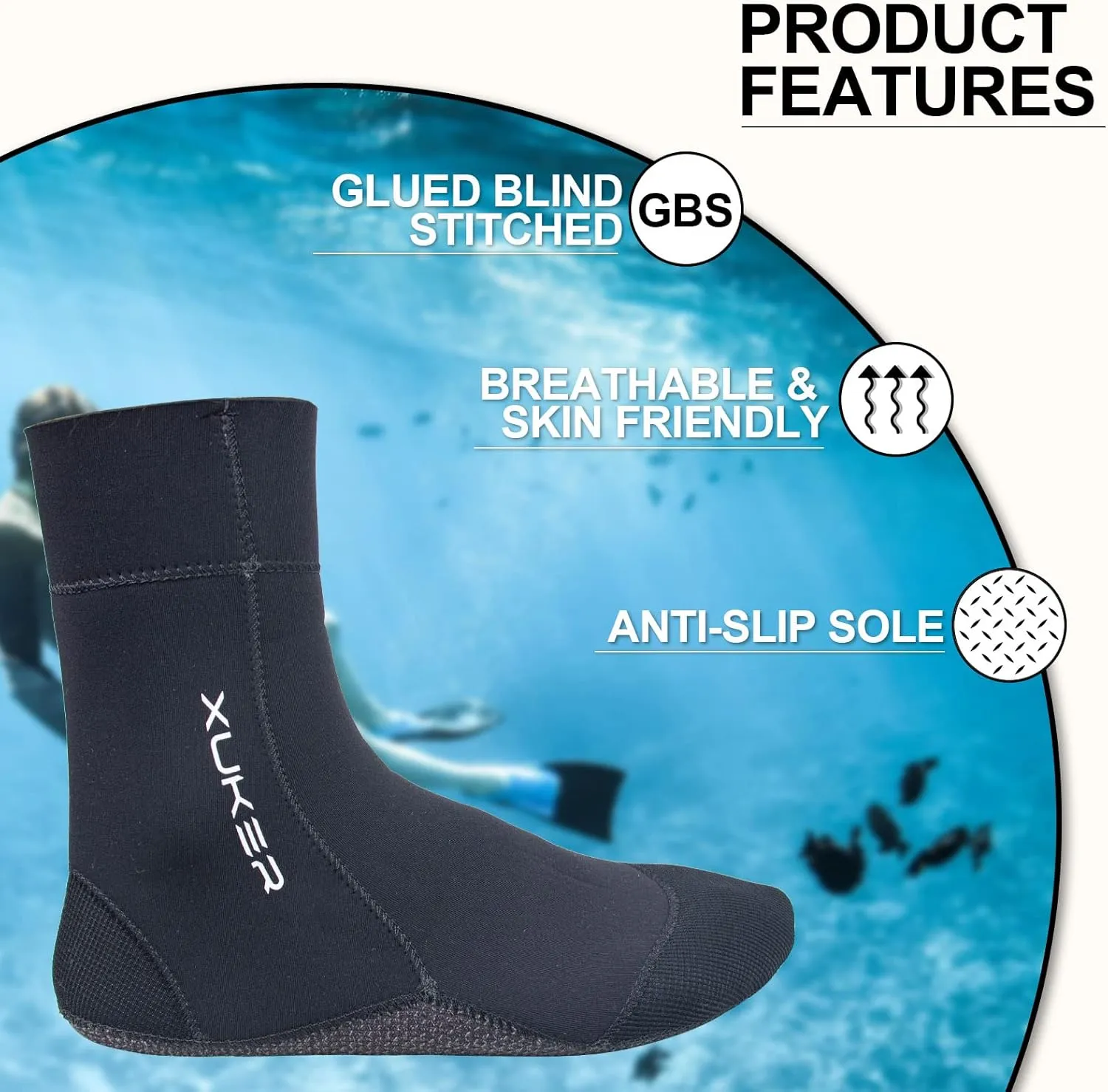 XUKER Neoprene Water Socks 3mm, Sand Proof Beach Volleyball Socks Water Shoes Diving Boots for Outdoor Water Sports