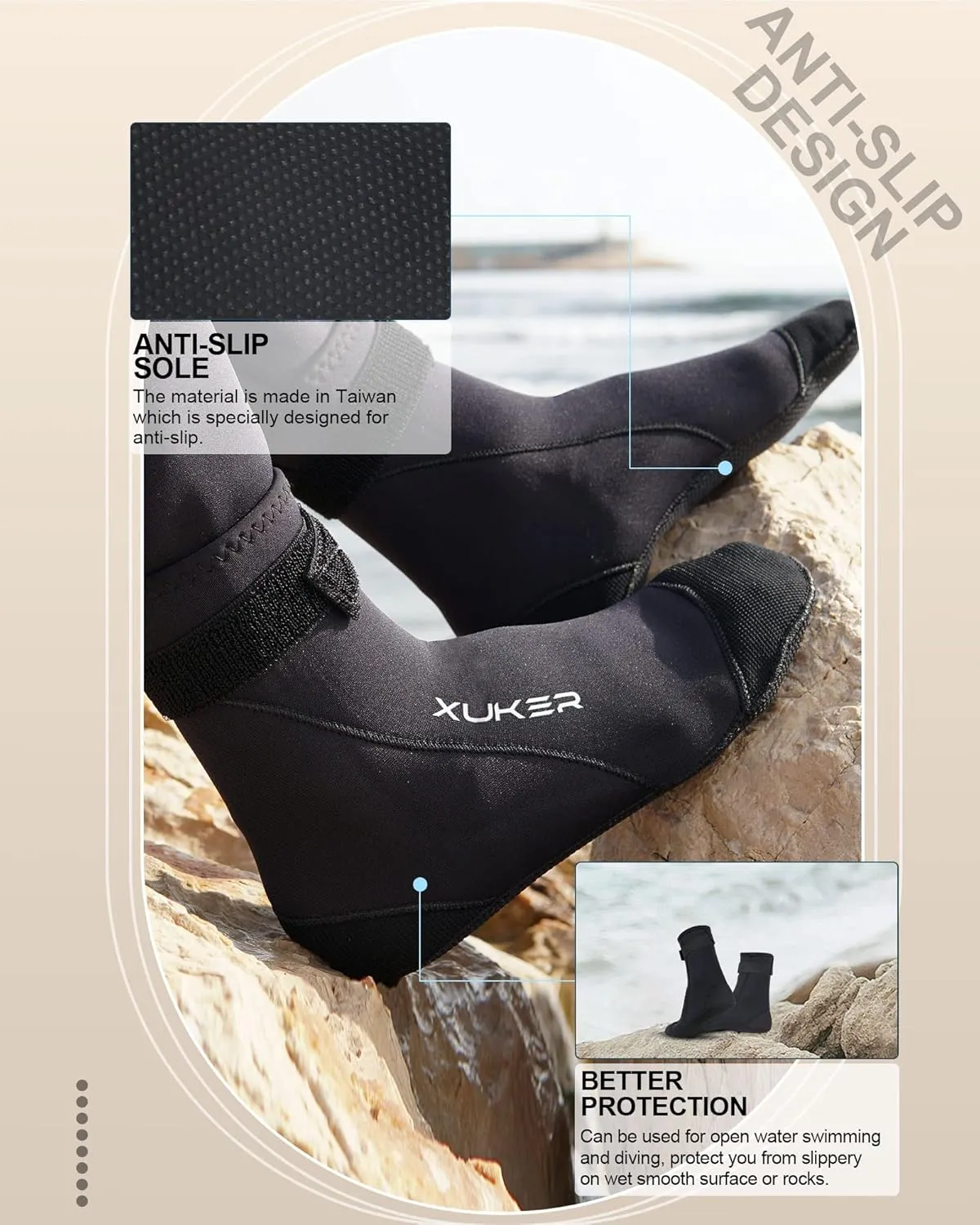 XUKER Neoprene Water Socks 3mm, Sand Proof Beach Volleyball Socks Water Shoes Diving Boots for Outdoor Water Sports