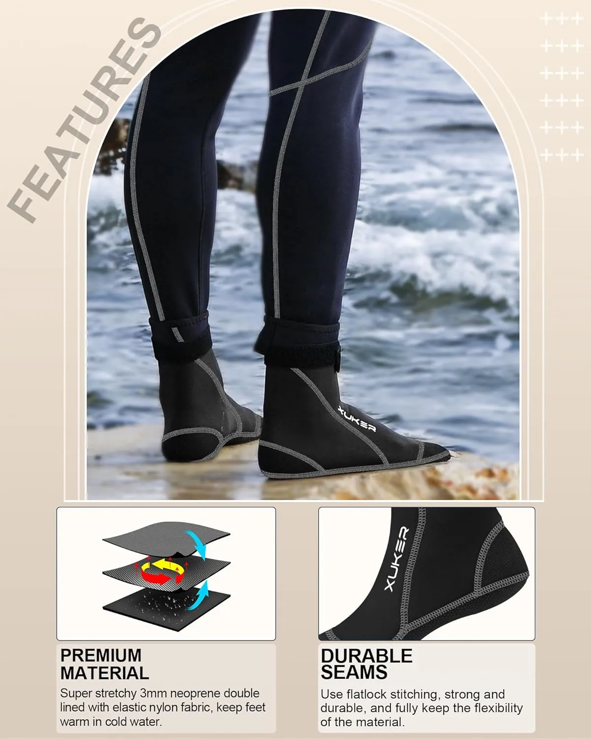 XUKER Neoprene Water Socks 3mm, Sand Proof Beach Volleyball Socks Water Shoes Diving Boots for Outdoor Water Sports