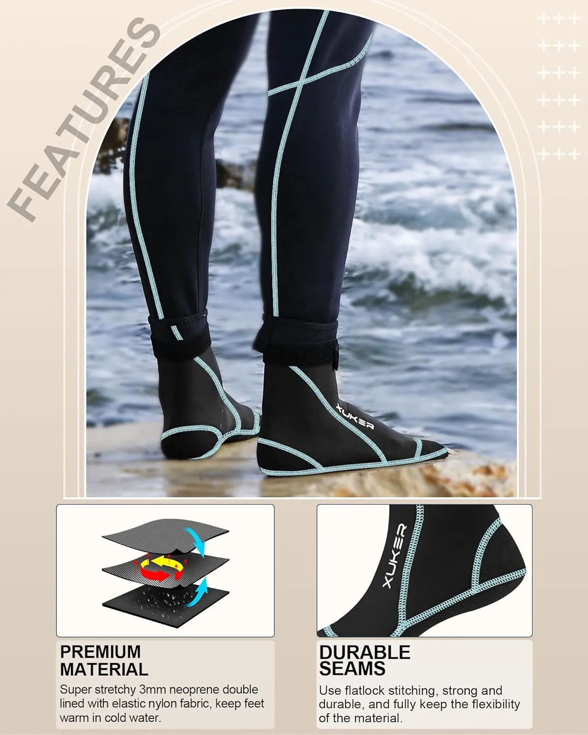 XUKER Neoprene Water Socks 3mm, Sand Proof Beach Volleyball Socks Water Shoes Diving Boots for Outdoor Water Sports
