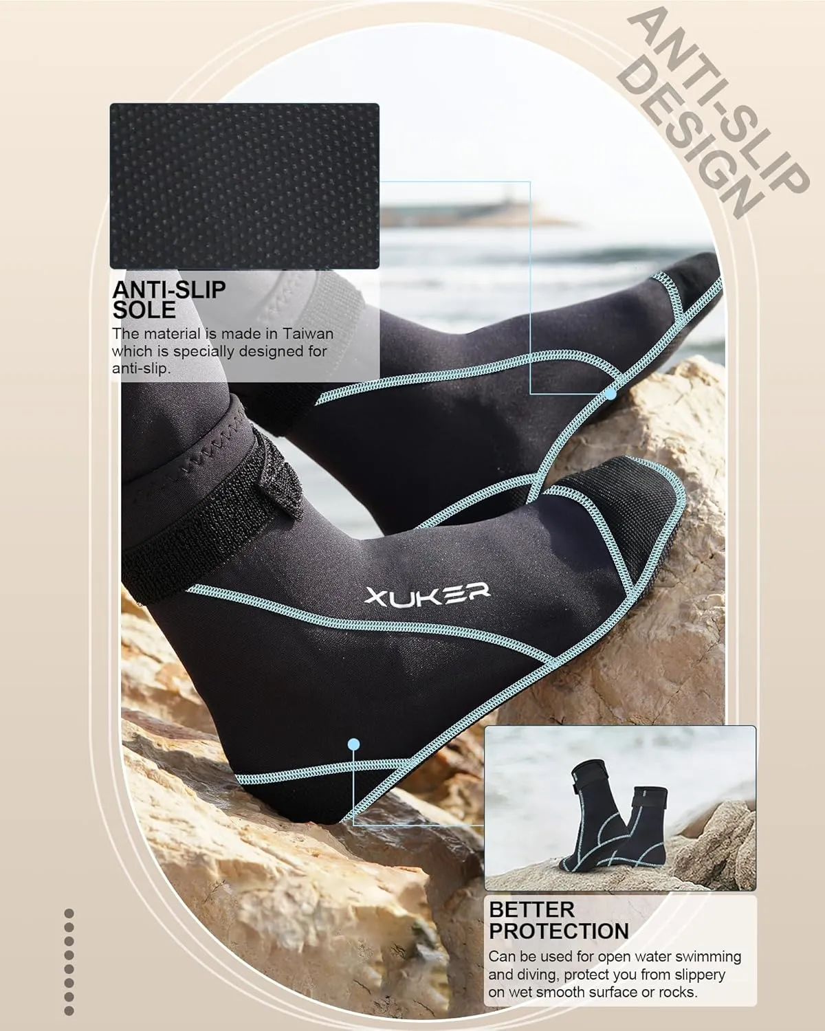 XUKER Neoprene Water Socks 3mm, Sand Proof Beach Volleyball Socks Water Shoes Diving Boots for Outdoor Water Sports