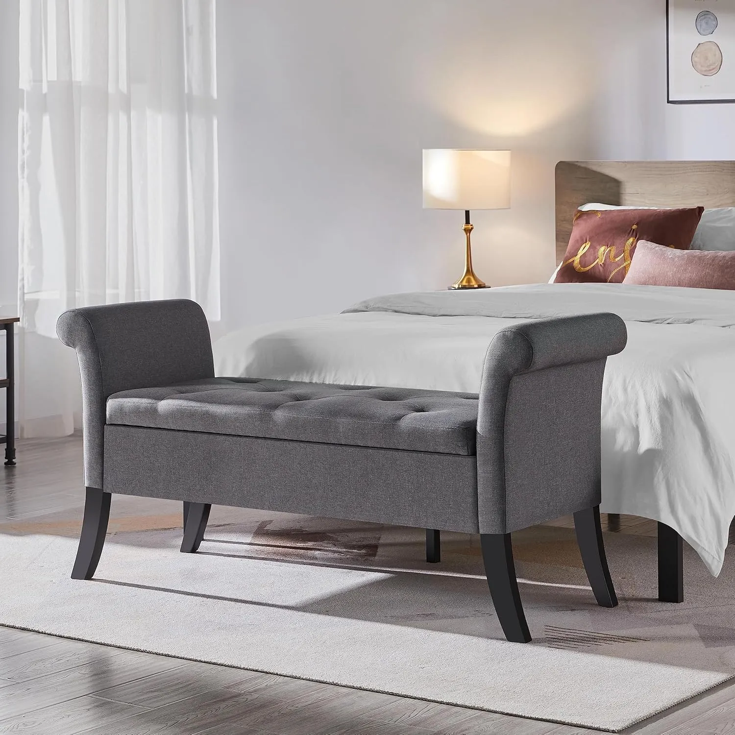 Yaheetech 52in Ottoman Bench Folding Storage Tufted Fabric Entryway Bench with Arms Footstool with Large Storage Foot Rest Seat Rolled Arms Cushioned Ottoman Dark Gray