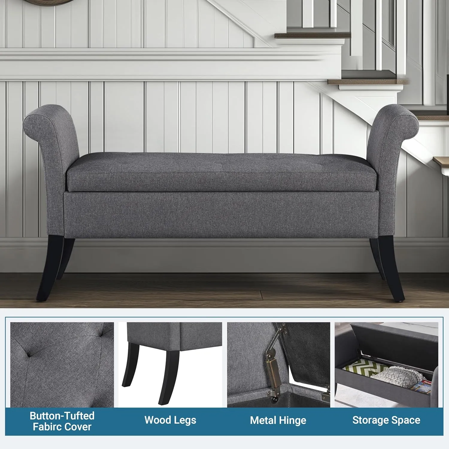 Yaheetech 52in Ottoman Bench Folding Storage Tufted Fabric Entryway Bench with Arms Footstool with Large Storage Foot Rest Seat Rolled Arms Cushioned Ottoman Dark Gray