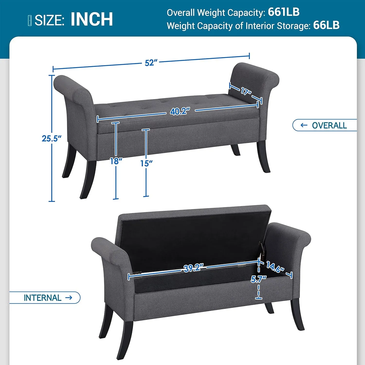Yaheetech 52in Ottoman Bench Folding Storage Tufted Fabric Entryway Bench with Arms Footstool with Large Storage Foot Rest Seat Rolled Arms Cushioned Ottoman Dark Gray