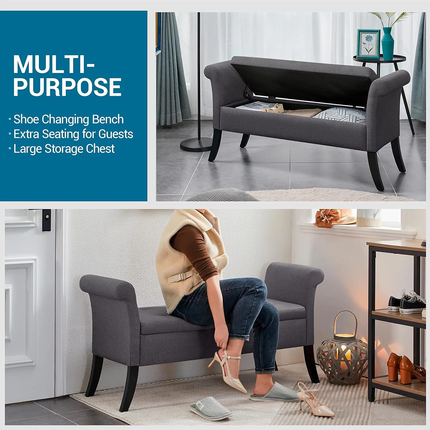 Yaheetech 52in Ottoman Bench Folding Storage Tufted Fabric Entryway Bench with Arms Footstool with Large Storage Foot Rest Seat Rolled Arms Cushioned Ottoman Dark Gray