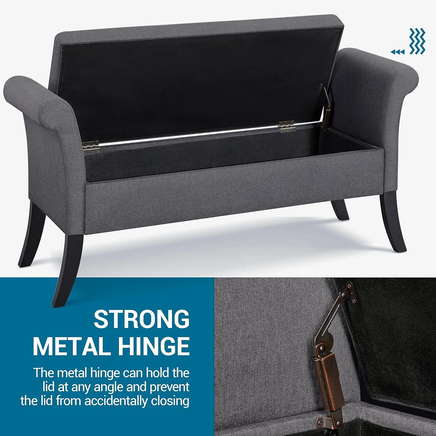 Yaheetech 52in Ottoman Bench Folding Storage Tufted Fabric Entryway Bench with Arms Footstool with Large Storage Foot Rest Seat Rolled Arms Cushioned Ottoman Dark Gray