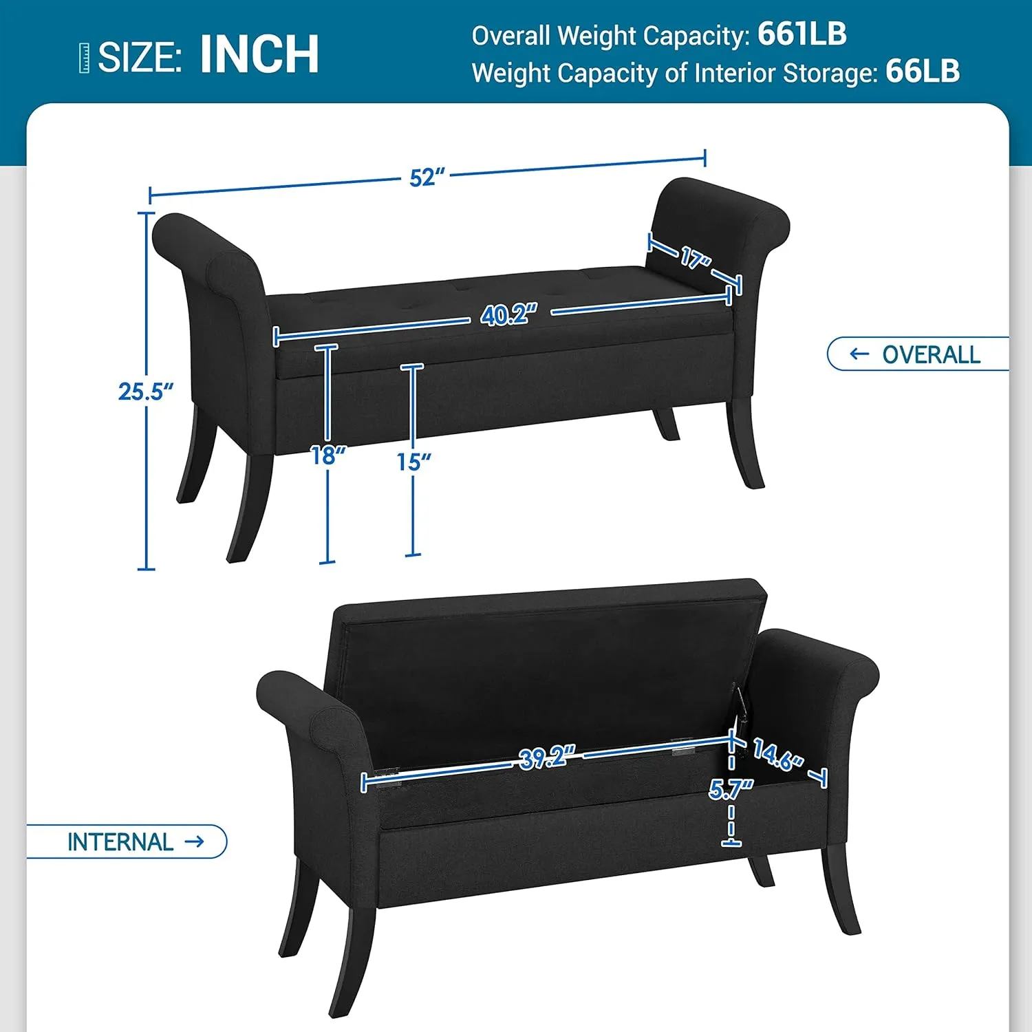 Yaheetech 52in Ottoman with Storage Folding Bedroom Bench Upholstered Storage Bench for Bedroom End of Bed with Rolled Arms, Black