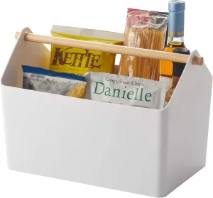 Yamazaki Home Storage Organizer/Cleaning Caddy/Storage Basket with Handle Plastic   Wood One Size White