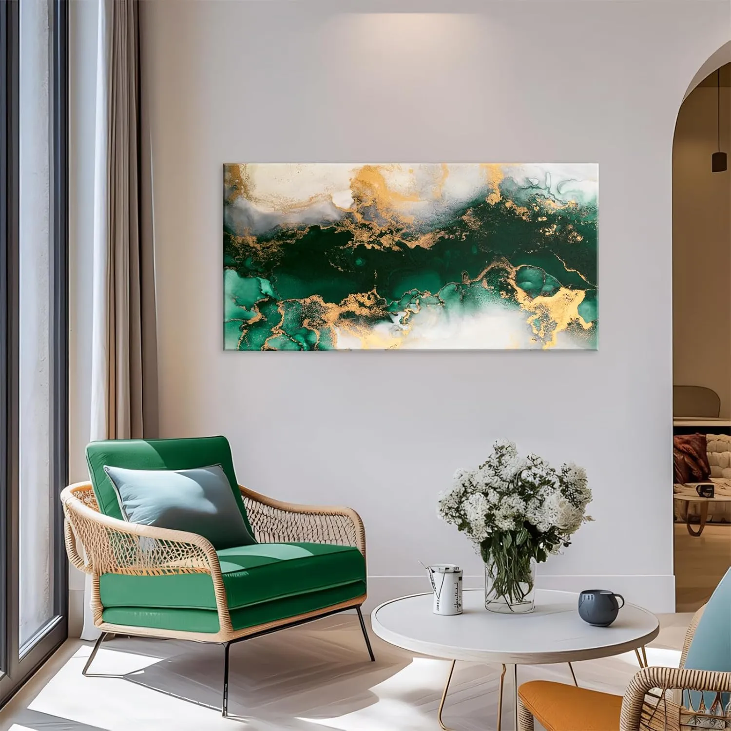 YARUITU Green Abstract Wall Art,Modern Emerald Green Gold Fluid Ink Art Marble Canvas Wall Art, Emerald Green Wall Decor for Living Room Bedroom Bathroom Office Ready to Hang 40" x 20"