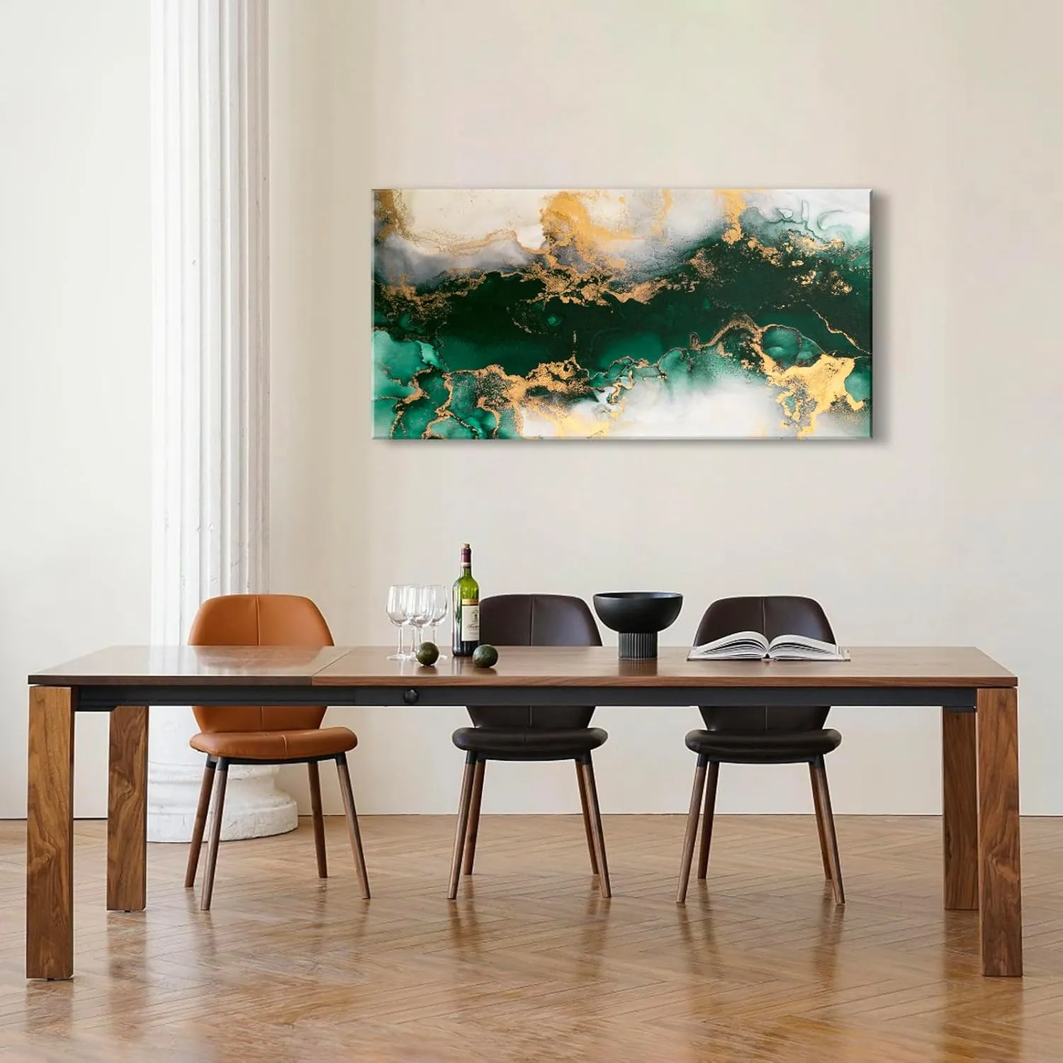 YARUITU Green Abstract Wall Art,Modern Emerald Green Gold Fluid Ink Art Marble Canvas Wall Art, Emerald Green Wall Decor for Living Room Bedroom Bathroom Office Ready to Hang 40" x 20"