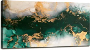 YARUITU Green Abstract Wall Art,Modern Emerald Green Gold Fluid Ink Art Marble Canvas Wall Art, Emerald Green Wall Decor for Living Room Bedroom Bathroom Office Ready to Hang 40" x 20"