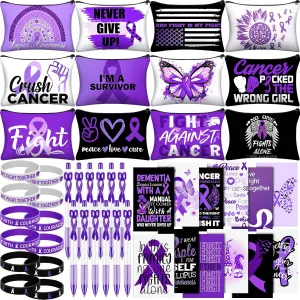 Yeaqee 48 Pcs Purple Ribbon Awareness Accessories Sets Include Makeup Bag Bracelets Ballpoint Pens Journal Notebook for Alzheimer's Epilepsy Pancreatic Cancer Domestic Lupus Awareness Campaigns