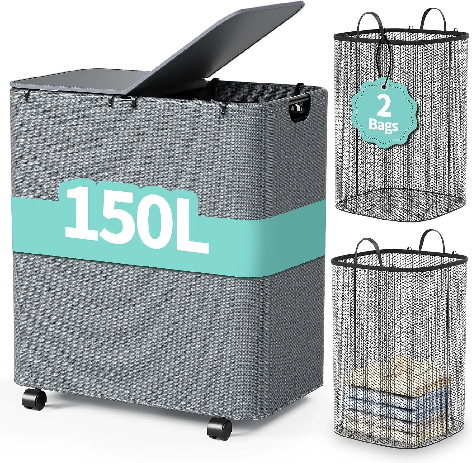 Yecaye 150L Laundry Hamper with Wheels, Rolling Laundry Basket with Lid and 2 Removable Laundry Bag, Large Capacity 2 Section Clothes Hampers for Laundry Room, Bedroom, Bathroom, Dorm, Grey