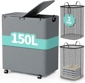 Yecaye 150L Laundry Hamper with Wheels, Rolling Laundry Basket with Lid and 2 Removable Laundry Bag, Large Capacity 2 Section Clothes Hampers for Laundry Room, Bedroom, Bathroom, Dorm, Grey