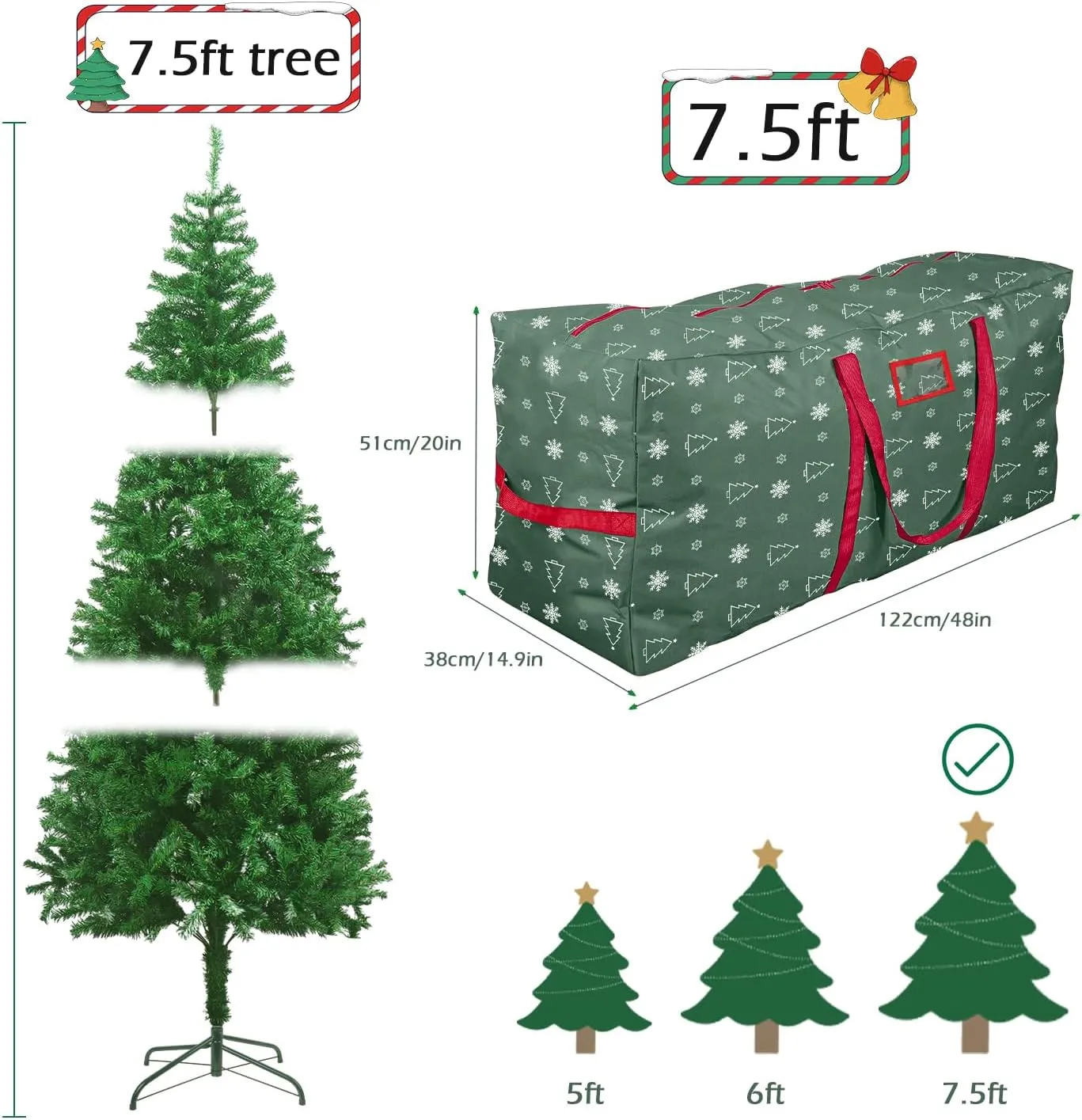 YIYA Christmas Tree Storage Bag for 7.5 Ft Artificial Tree Large Christmas Tree Bag with Handles 600D Oxford Fabric Christmas Tree Storage Container for Outside Decorations (Green)