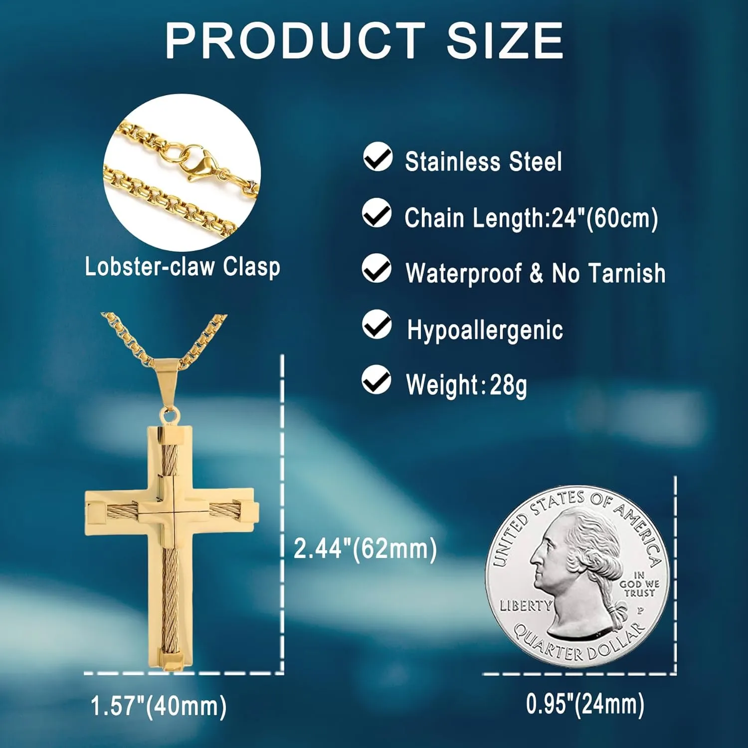 YL Men's Cross Necklace 316L Stainless Steel Large Jesus Christ Pendant Jewelry Rolo Chain for 24''