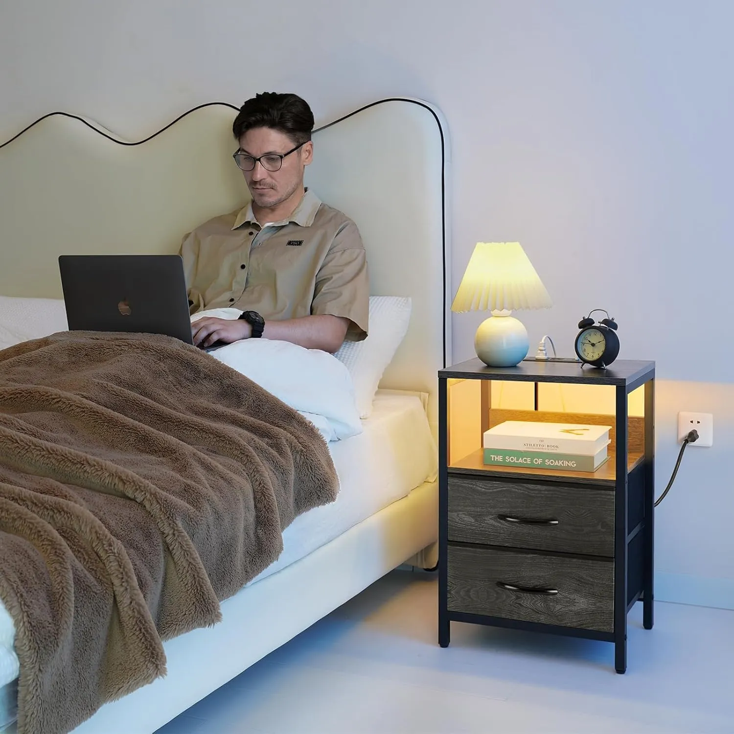 Yoobure Nightstand with Charging Station, LED Night Stand with Fabric Drawers and Storage Shelf for Bedroom, Nightstands Bedside Tables with USB Ports & Outlets, Small Night Stands, Bed Side Table