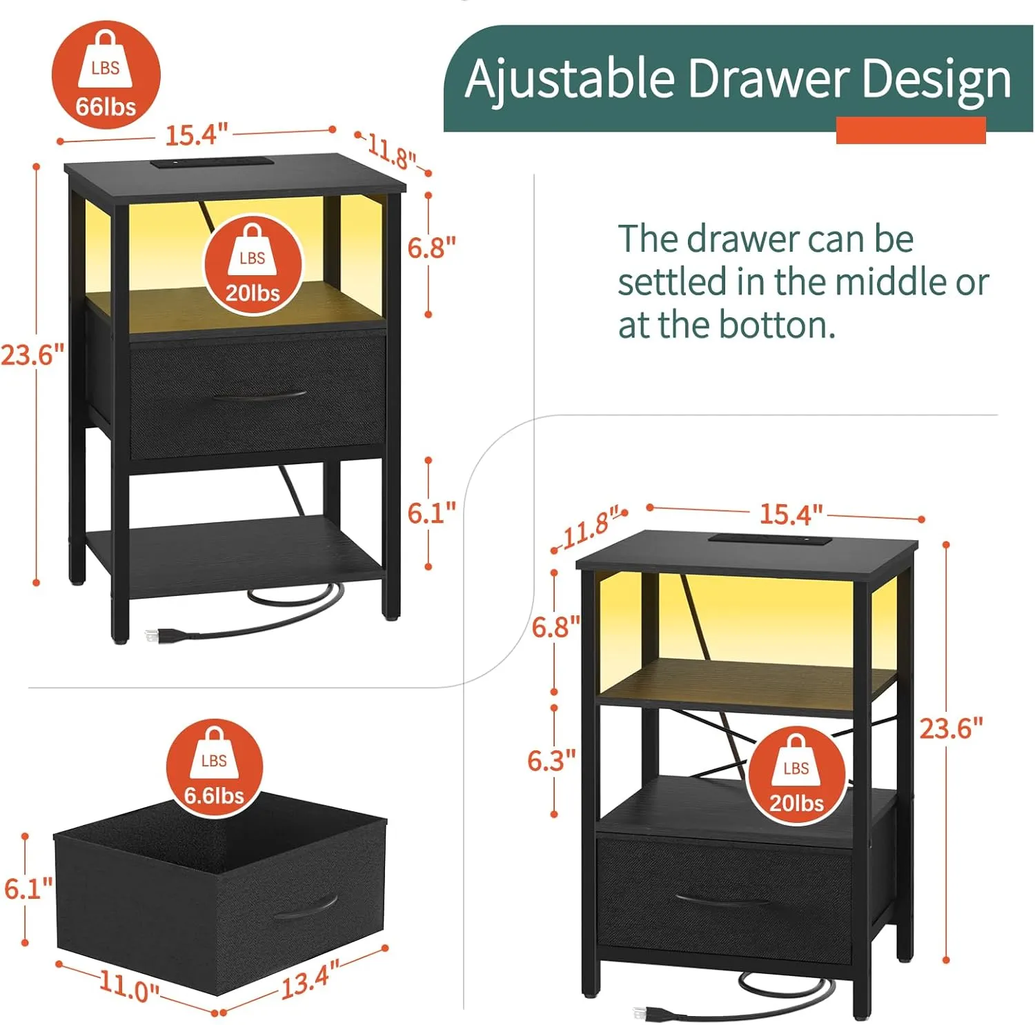 Yoobure Side Table with Storage, LED Night Stand with Charging Station, End Tables Living Room, Nightstand for Bedroom with Adjustable Fabric Drawer, 3-Tier Wood Bedside Table, Black