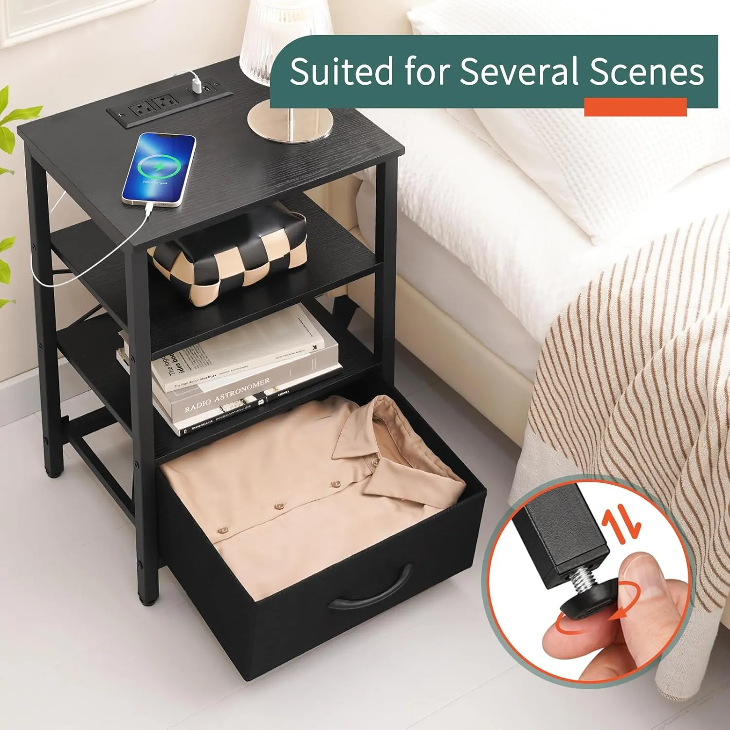 Yoobure Side Table with Storage, LED Night Stand with Charging Station, End Tables Living Room, Nightstand for Bedroom with Adjustable Fabric Drawer, 3-Tier Wood Bedside Table, Black